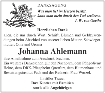 Traueranzeige von Johanna Ahlemann von WVG - Wochenspiegel Merseburg