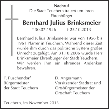 Traueranzeige von Bernhard Julius Brinksmeier von WVG - Wochenspiegel NMB / WSF / ZTZ