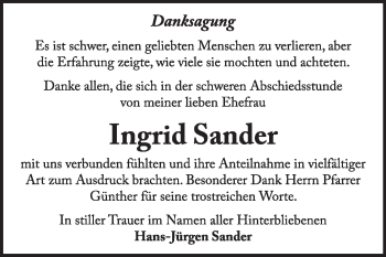 Traueranzeige von Ingrid Sander von Super Sonntag Dessau / Köthen