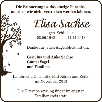Traueranzeige von Elisa Sachse von Super Sonntag Zeitz