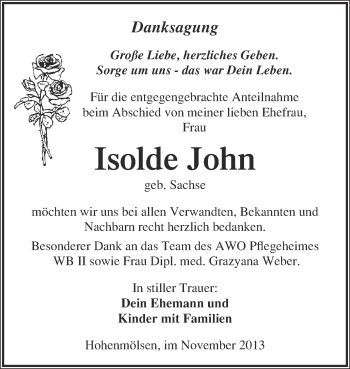 Traueranzeige von Isolde John von WVG - Wochenspiegel NMB / WSF / ZTZ