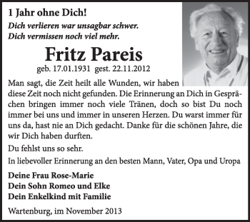 Traueranzeige von Fritz Pareis von Super Sonntag Wittenberg