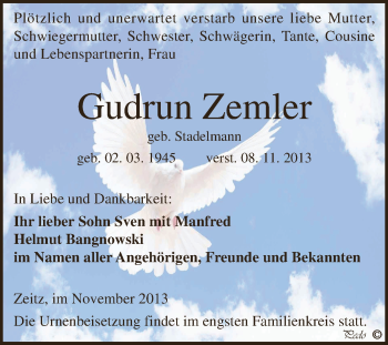 Traueranzeige von Gudrun Zemler von Super Sonntag Zeitz