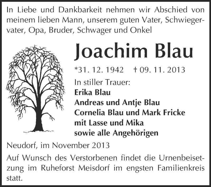  Traueranzeige für Joachim Blau vom 20.11.2013 aus WVG - Wochenspiegel Quedlinburg