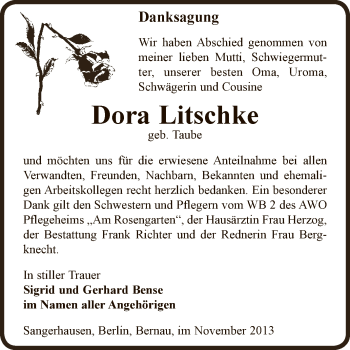 Traueranzeige von Dora Litschke von WVG - Wochenspiegel SGH