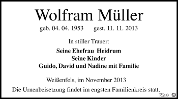 Traueranzeige von Wolfram Müller von WVG - Wochenspiegel NMB / WSF / ZTZ