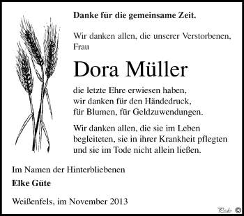 Traueranzeige von Dora Müller von WVG - Wochenspiegel NMB / WSF / ZTZ