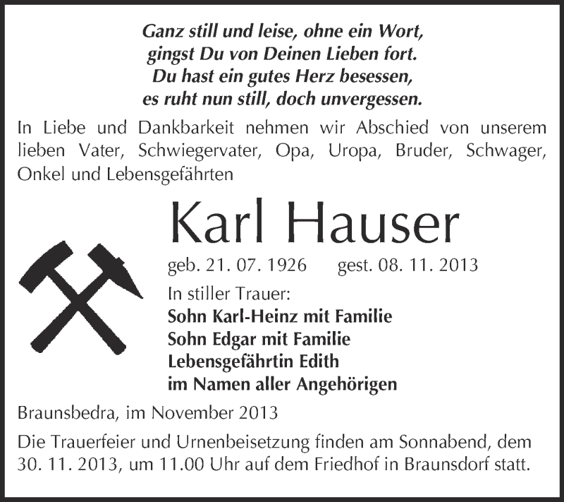 Traueranzeigen Von Karl Hauser Www Abschied Nehmen De