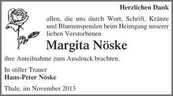 Traueranzeige von Margita Nöske von WVG - Wochenspiegel Quedlinburg