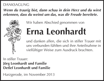 Traueranzeige von Erna Leonhardt von WVG - Wochenspiegel Quedlinburg