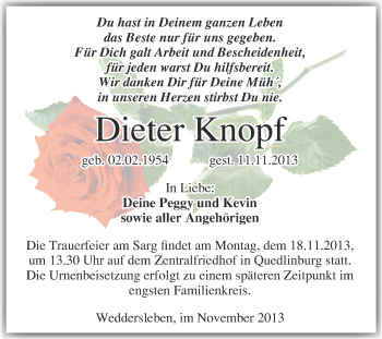 Traueranzeige von Dieter Knopf von WVG - Wochenspiegel Quedlinburg