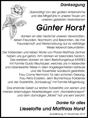 Traueranzeige von Günter Horst von WVG - Wochenspiegel Quedlinburg