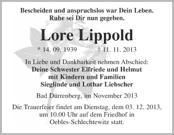 Traueranzeige von Lore Lippold von Super Sonntag Merseburg