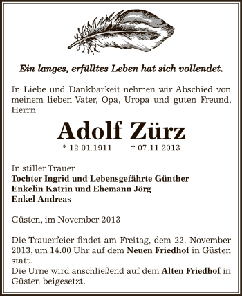 Traueranzeige von Adolf Zürz von Super Sonntag Bernburg