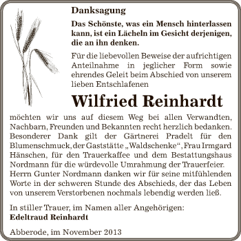 Traueranzeige von Wilfried Reinhardt von Super Sonntag SGH Mansf. Land