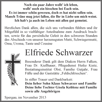 Traueranzeige von Elfriede Schwarzer von Super Sonntag Merseburg