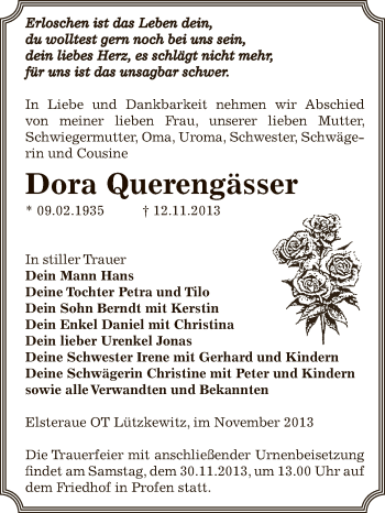 Traueranzeige von Dora Querengässer von Super Sonntag Zeitz