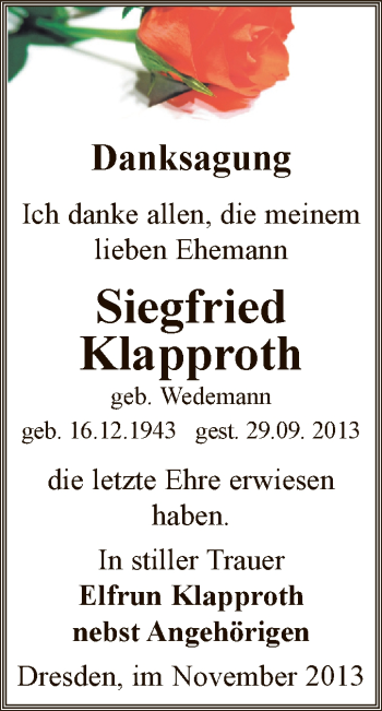 Traueranzeige von Siegfried Klapproth von Super Sonntag Zeitz