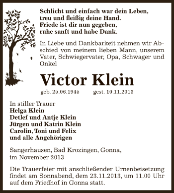 Traueranzeige von Victor Klein von Super Sonntag SGH Mansf. Land
