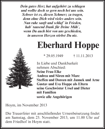 Traueranzeige von Eberhard Hoppe von Super Sonntag Aschersleben