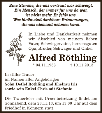 Traueranzeige von Alfred Röthling von Super Sonntag Bernburg