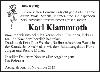 Traueranzeige von Karl Klammroth von WVG - Wochenspiegel Aschersleben
