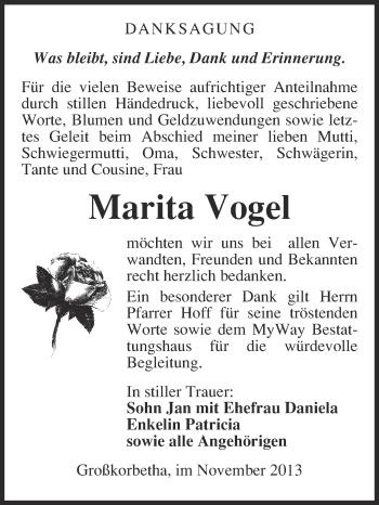 Traueranzeige von Marita Vogel von Super Sonntag Merseburg