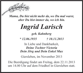 Traueranzeige von Ingrid Larisch von Super Sonntag Aschersleben