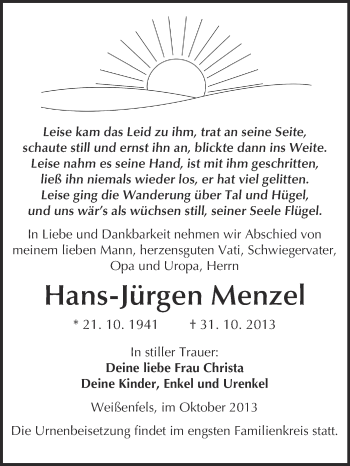 Traueranzeige von Hans-Jürgen Menzel von WVG - Wochenspiegel NMB / WSF / ZTZ