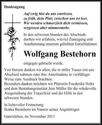 Traueranzeige von Wolfgang Bestehorn von Super Sonntag Aschersleben