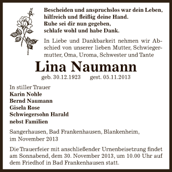 Traueranzeige von Lina Naumann von Super Sonntag SGH Mansf. Land