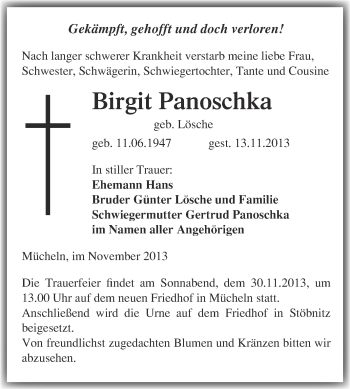 Traueranzeige von Birgit Panoschka von WVG - Wochenspiegel Merseburg