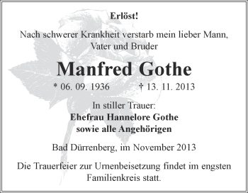 Traueranzeige von Manfred Gothe von Super Sonntag Merseburg