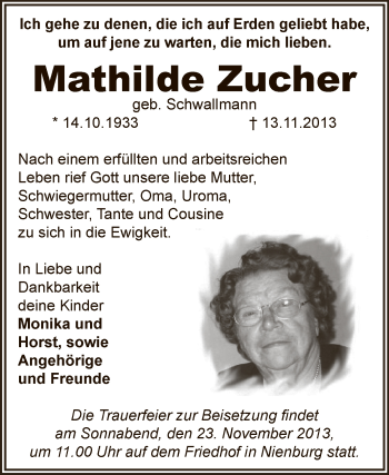 Traueranzeige von Mathilde Zucher von Super Sonntag Bernburg