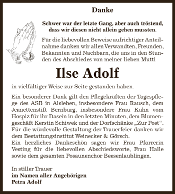Traueranzeige von Ilse Adolf von Super Sonntag Bernburg