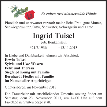 Traueranzeige von Ingrid Tuisel von WVG - Wochenspiegel Quedlinburg