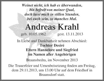 Traueranzeige von Andreas Krahl von WVG - Wochenspiegel Merseburg
