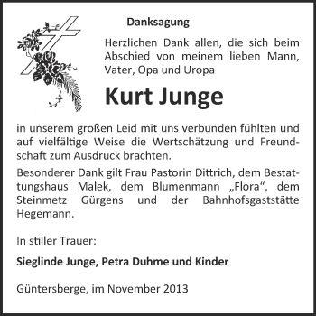 Traueranzeige von Kurt Junge von WVG - Wochenspiegel Quedlinburg