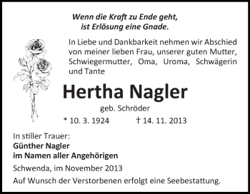 Traueranzeige von Hertha Nagler von WVG - Wochenspiegel Quedlinburg