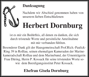 Traueranzeige von Herbert Dornburg von WVG - Wochenspiegel Dessau / Köthen