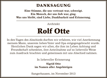 Traueranzeige von Rolf Otte von Super Sonntag SGH Mansf. Land