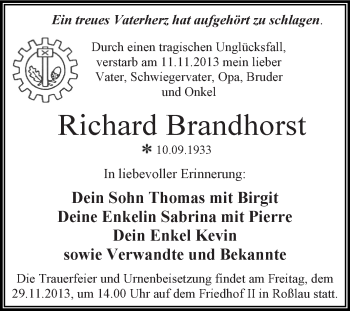 Traueranzeige von Richard Brandhorst von WVG - Wochenspiegel Dessau / Köthen