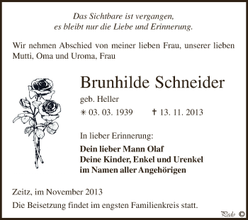 Traueranzeige von Brunhilde Schneider von Super Sonntag Zeitz