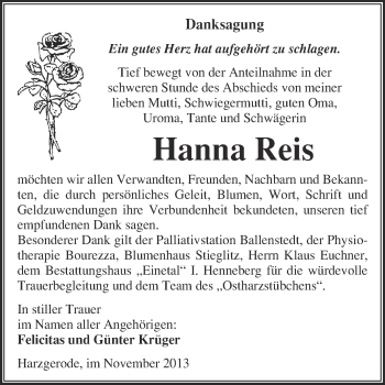 Traueranzeige von Hanna Reis von Super Sonntag Quedlinburg