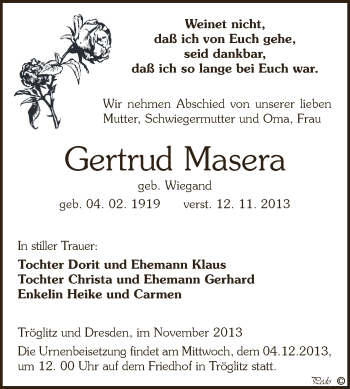 Traueranzeige von Gertrud Masera von Super Sonntag Zeitz
