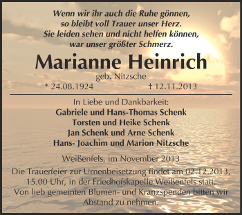 Traueranzeige von Marianne Heinrich von WVG - Wochenspiegel NMB / WSF / ZTZ