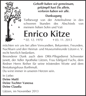 Traueranzeige von Enrico Kitze von WVG - Wochenspiegel Merseburg
