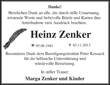 Traueranzeige von Heinz Zenker von WVG - Wochenspiegel Dessau / Köthen