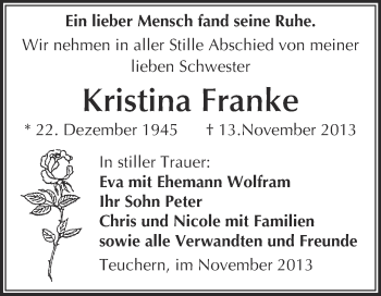 Traueranzeige von Kristina Franke von WVG - Wochenspiegel NMB / WSF / ZTZ