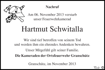 Traueranzeige von Hartmut Schwitalla von WVG - Wochenspiegel NMB / WSF / ZTZ